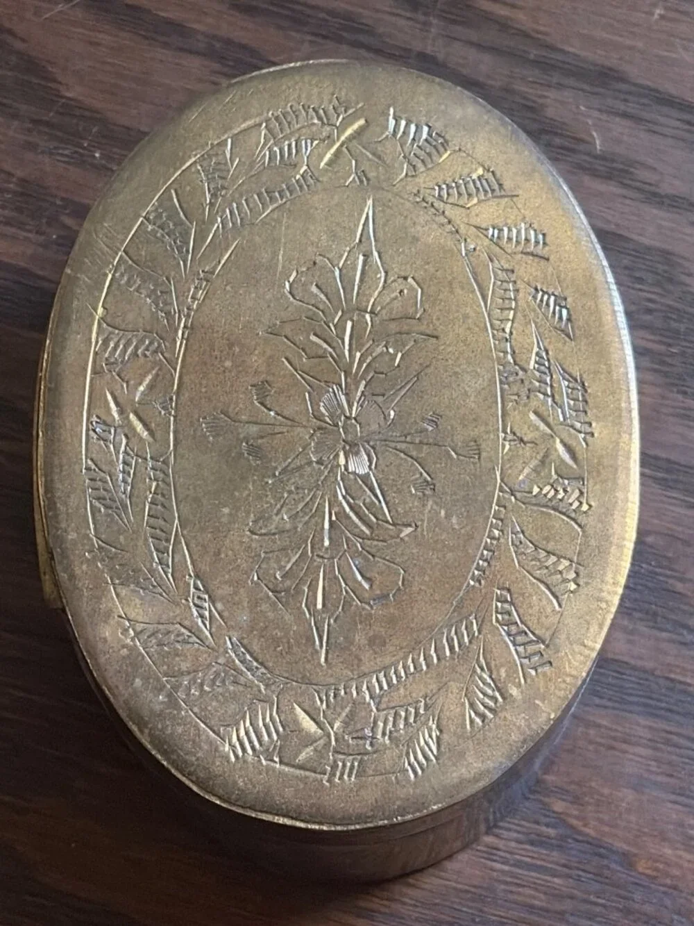 Vintage Indian Brass Oval Trinket Box With Engraved Floral Design